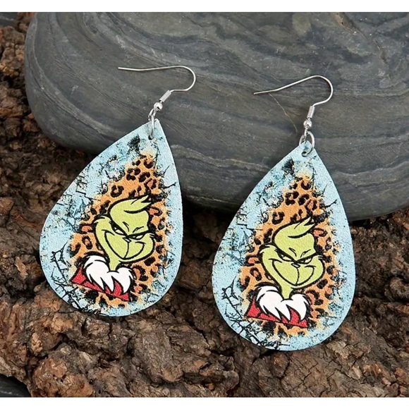 Grinch Inspired Faux Leather Teardrop Earrings - Picture 3 of 4